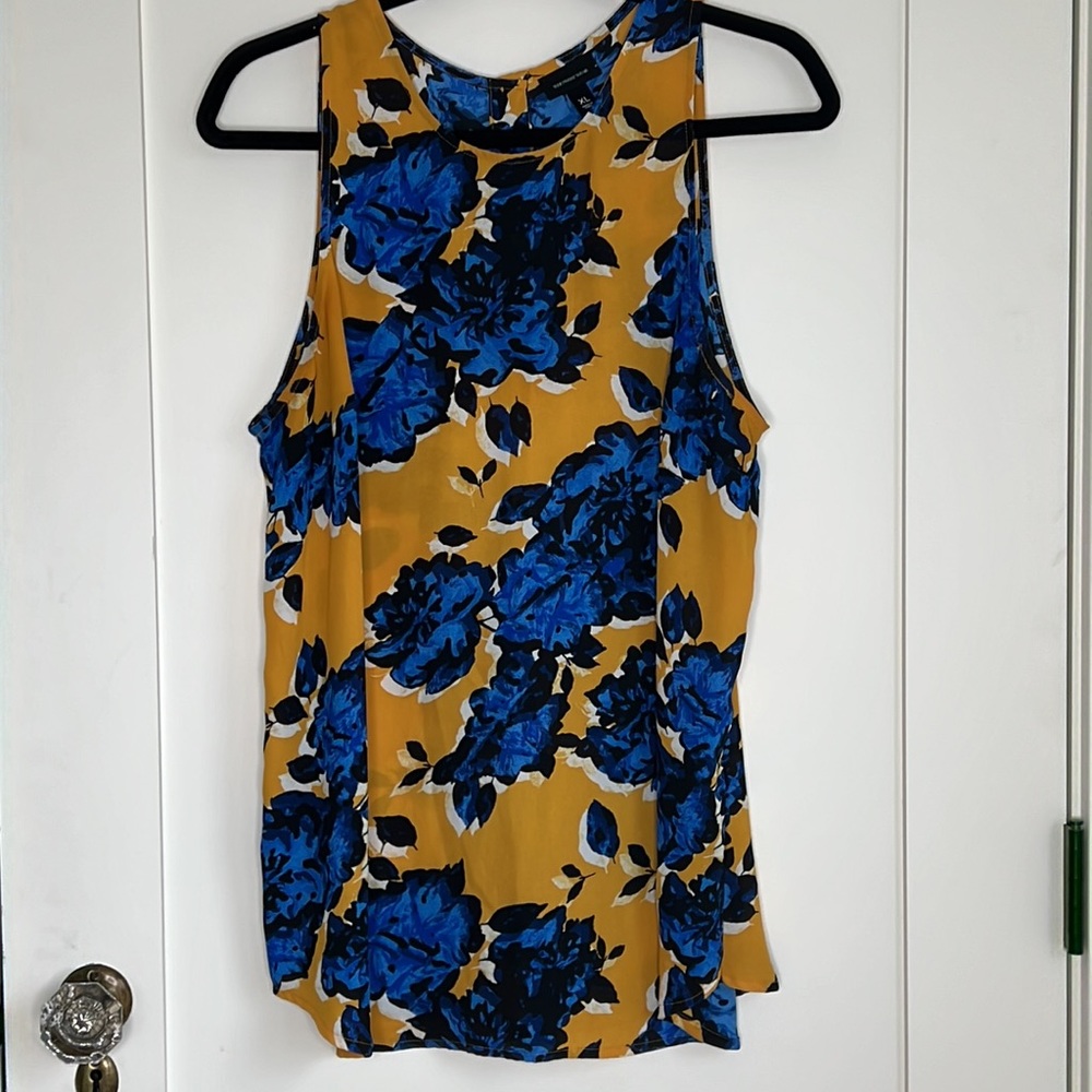 🕶️Blue Yellow Floral Silky Tank Top Back Buttons XL - Picture 4 of 7